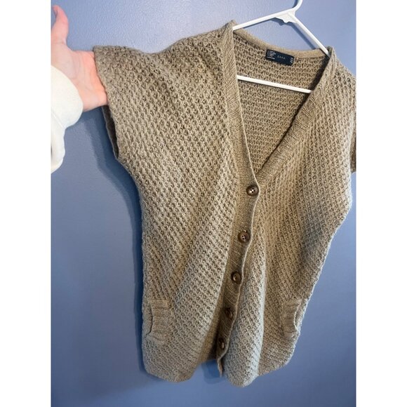 Zara Light Brown Button Up Short Sleeve Vest Cardigan W Pockets SZ M, Wool Blend - Picture 2 of 7